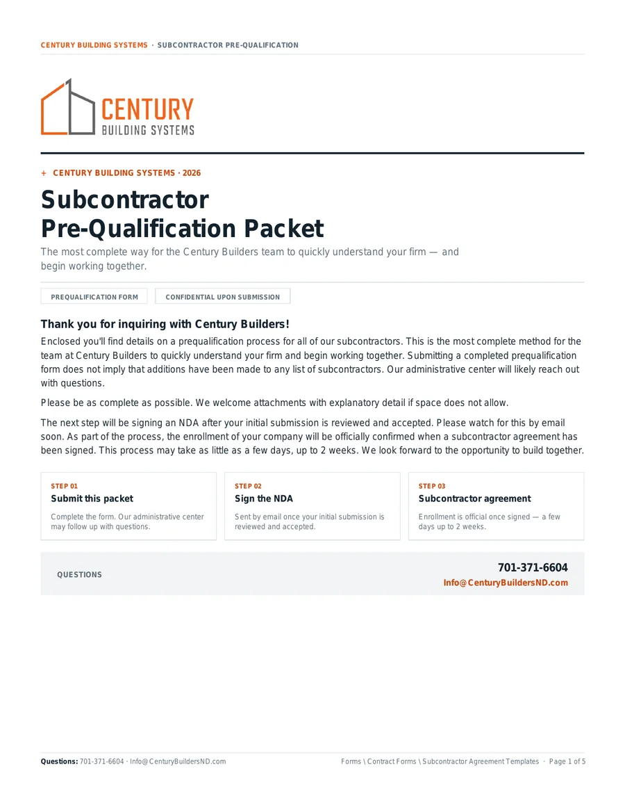 Cover page of the Century Builders Subcontractor Pre-Qualification Packet