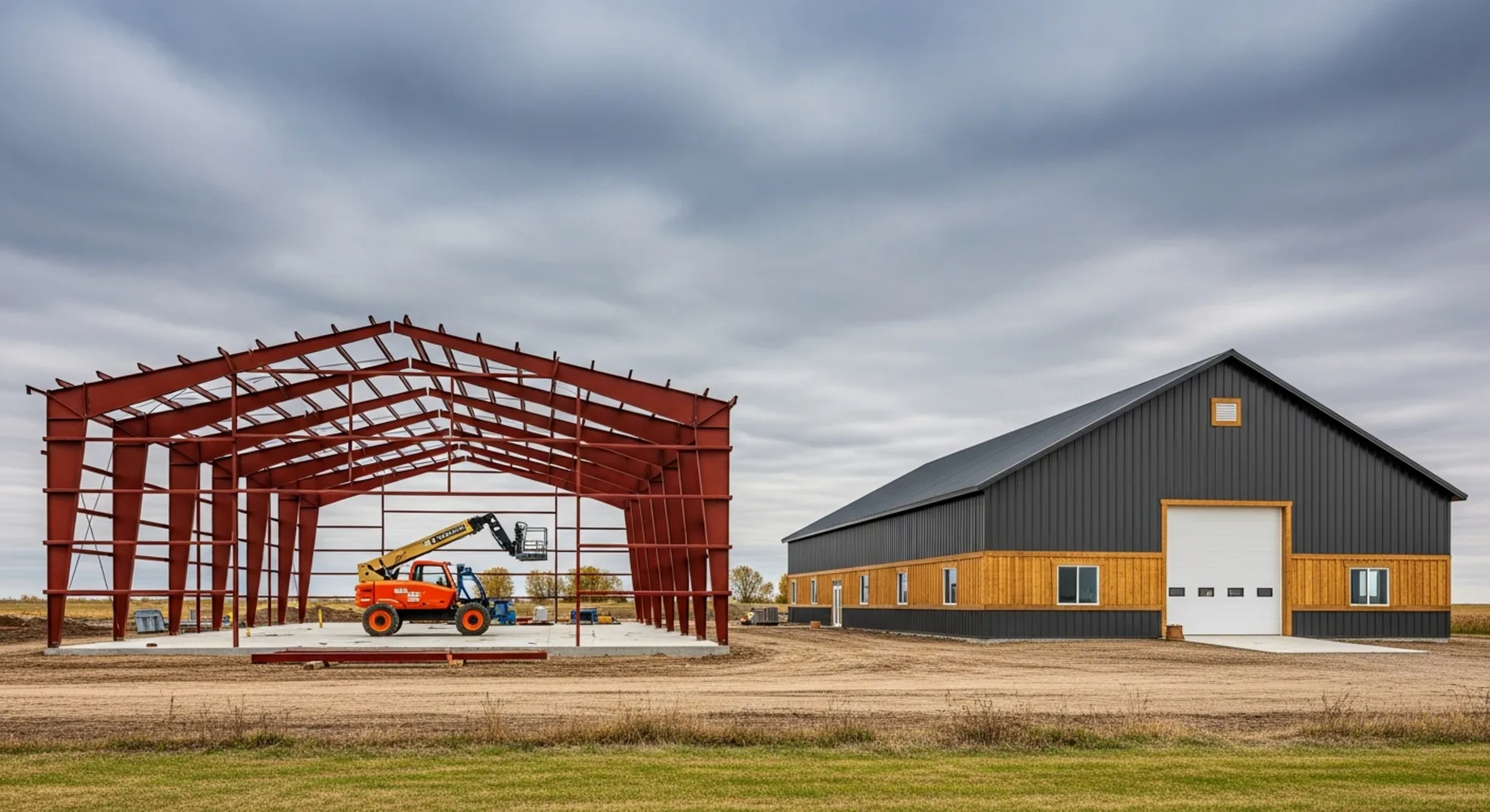 Steel building frame under erection beside a finished post-frame shop on a flat prairie site